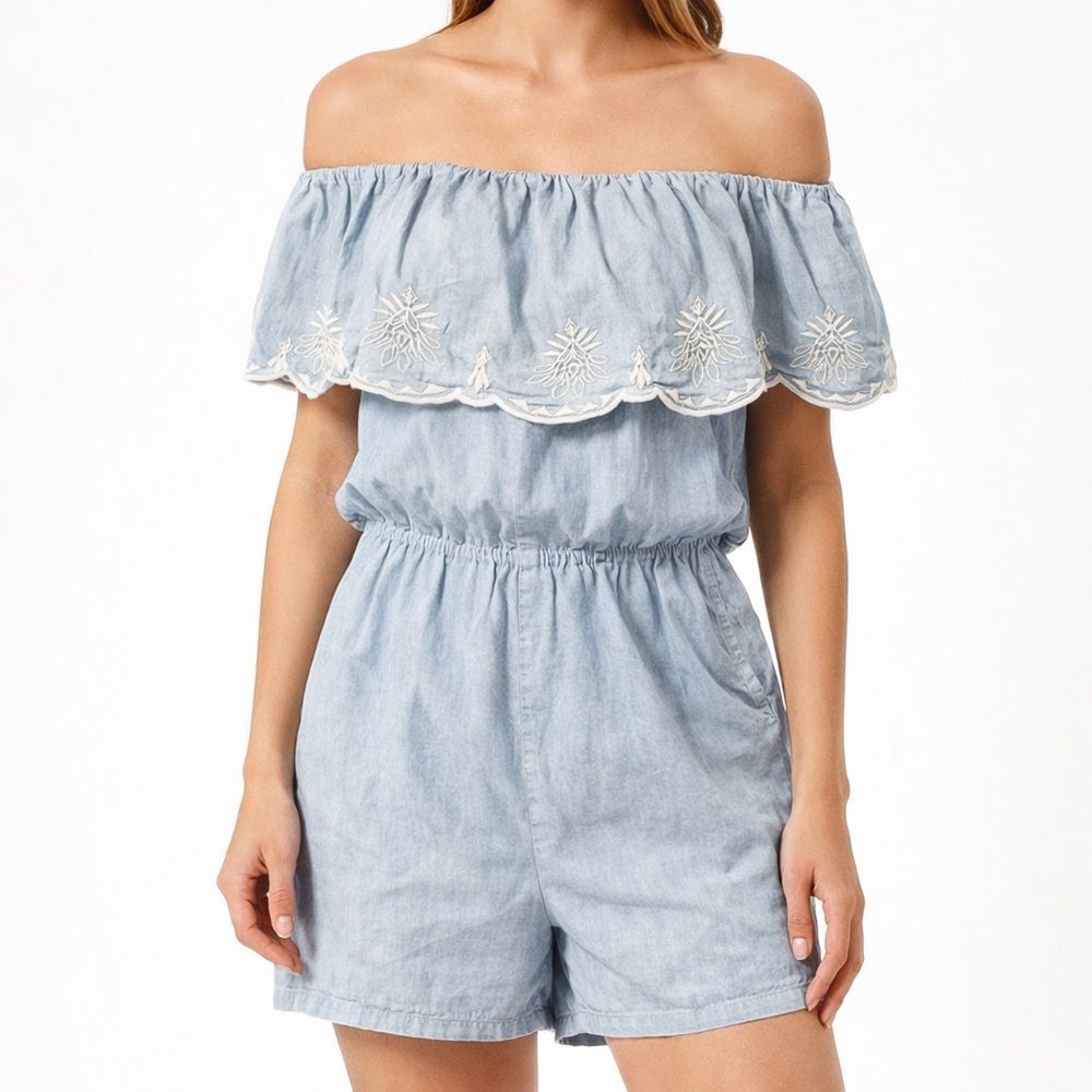 Japna Size Large Romper Chambray Off-Shoulder Embroidered Ruffle Blue